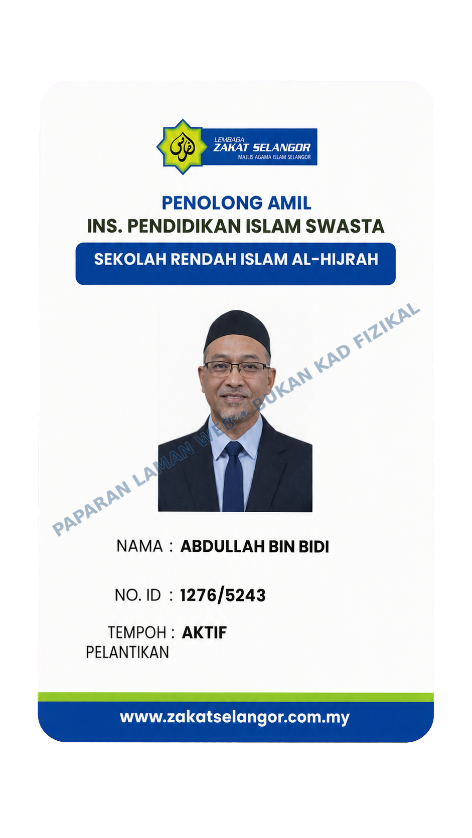 Kad kuasa Penolong Amil Abdullah Bin Bidi, No. ID 1276/5243