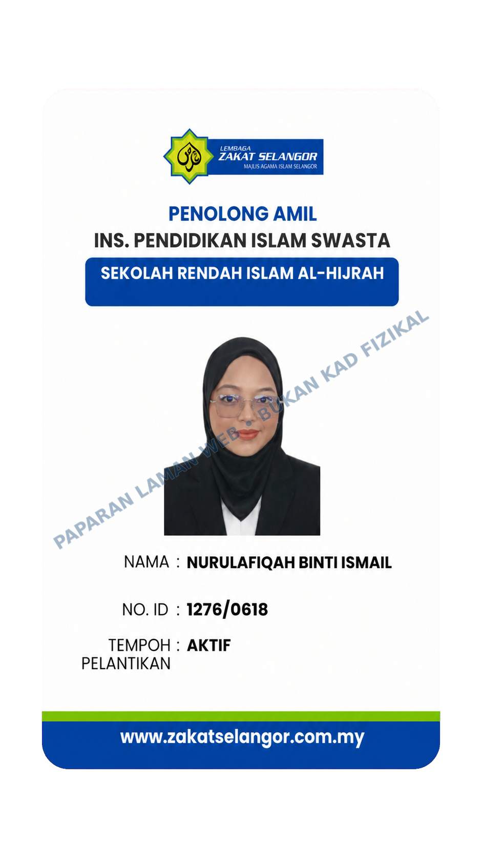 Kad kuasa Penolong Amil Nurulafiqah Binti Ismail, No. ID 1276/0618